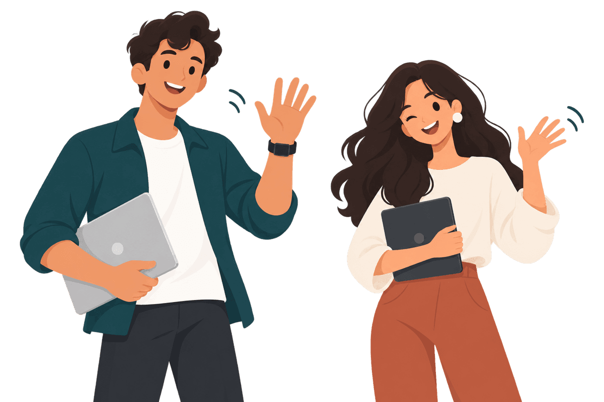 Two smiling students waving hello
